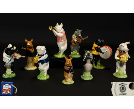 Beswick Hand Painted Ceramic Pig Band (Complete), Nine figures in total; c1980's; all with original labels, tags and boxes an