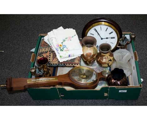 A Collection of Assorted Items to include barometer, wall clock, a pair of Egyptian Candle Stick Holders, table linen, a smal