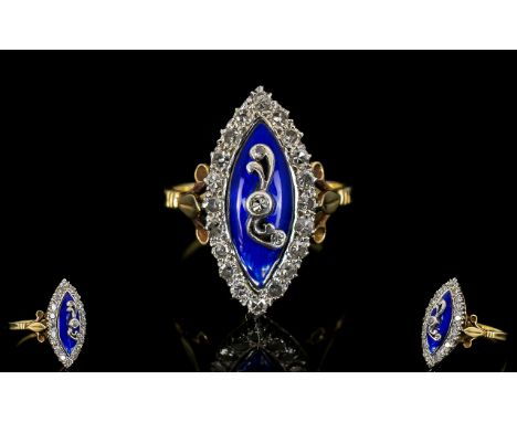 Antique Period Style Attractive and Nice Quality 18ct Gold Diamond and Enamel Set - Marquise Shaped Dress Ring, Wonderful For