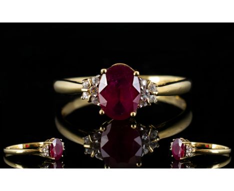 Ladies - Attractive 9ct Gold Single Stone Faceted Ruby Dress Ring, Set with Diamond Shoulders, Ruby of Good Colour. Full Hall