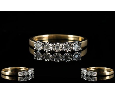 Ladies - 9ct Gold 5 Stone Diamond Dress Ring - Illusion Set. Full Hallmark for 9ct. Nice Condition In All Aspects. Ring Size 