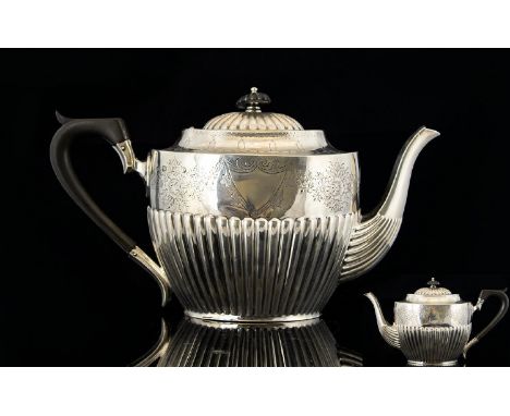 Victorian Period Good Quality Solid Silver Ornate Teapot - Classic Shape with Half Fluted Body Which Extends to Cover and Spo