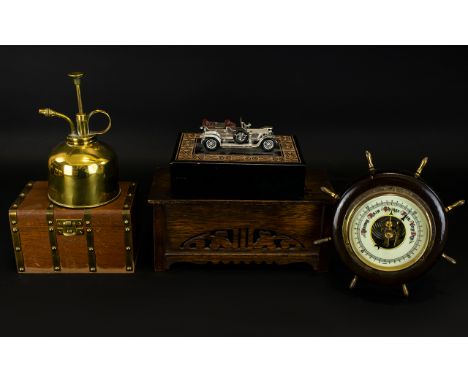 Collection of Wooden Items to include small wooden chest, wooden box with decorative carving, wooden box with model car on to