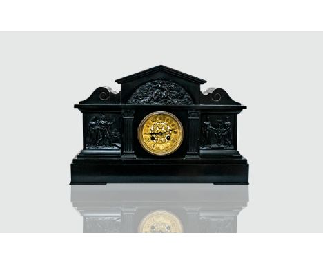 French - Late 19th Century Large and Impressive Black Marble / Slate Architectural Design 8 Day Striking Mantel Clock, of Exc