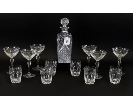 Glass Drinking Set comprising engraved Decanter, 6 Cocktail Glasses and 6 Whiskey Tumblers, 13 items in total.  Lovely set in