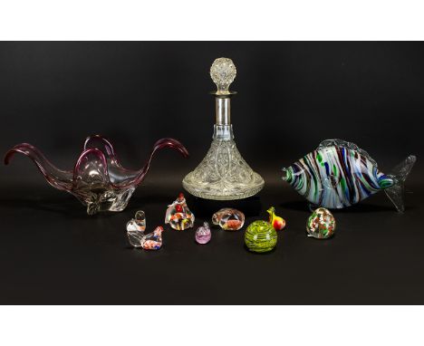 Collection of Assorted Glassware comprising Murano Glass Fish Figure, Mdina Centre Piece, Ships Decanter with silver plated c