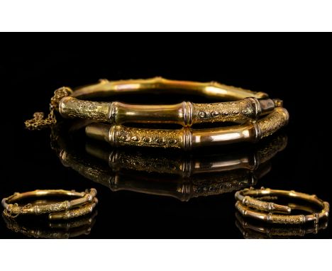 Antique Period Fancy 9ct Gold Hinged Bangle with Attached Safety Chain, with Ornate Embossed Decoration to Body of Bangle. 9 
