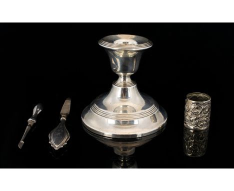 George V Silver Squat Candlestick With circular stepped base, hallmarked, Birmingham 1919, loaded base, 3.5 inches 8.75 cm hi