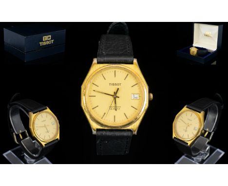 Tissot - Seastar Quartz Man's Gold Plated Wrist Watch.  Early high quality date 1980s, with attached leather strap.  With ori