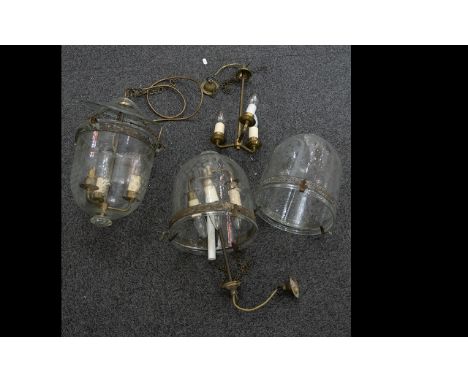 A Set Of Three Early 20th Century Lantern Lights Possibly adapted, acid etched bowls with grape vine design, three arm light 