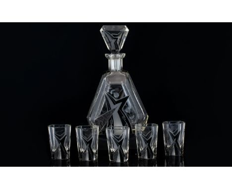 Art Deco - Black and Crystal Glass Decanter with Matching Set of Five Drinking Glasses. All In True Art Deco Lines. Height of