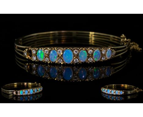 Antique Style - 9ct Gold Very Attractive Opal and Diamond Set Hinged Bangle with Attached 9ct Gold Safety Chain, The Well Mat