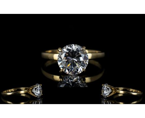 14ct Gold - Impressive Looking Single Stone CZ Dress Ring. C.Z Size - Est 2 cts. Fully Hallmarked for 585 14ct. Ring Size K -