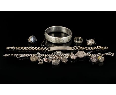 A Collection Of Silver and Mixed Metal Jewellery six items in total to include charm bracelet, loaded with over 12 charms, al