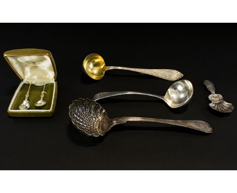 A Mixed Collection Of Plated And Silver FlatwareTo include silver hallmarked caddy spoon, silver hallmarked sauce ladle, unma