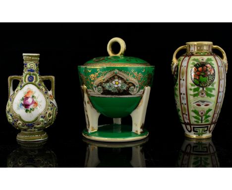 A Vintage Noritake Ceramic Lidded Condiments Jar And Twin Handle Miniature Vase Circa 1930's raised on circular base with gil