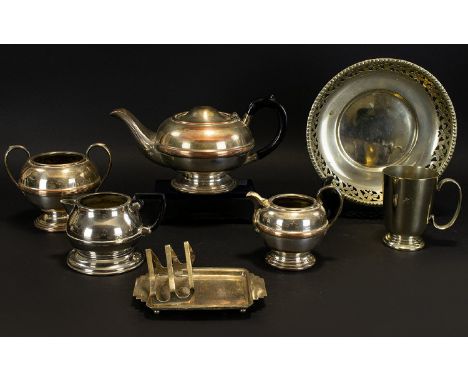 A Collection Of Plated Items Seven pieces in total to include pierced border footed bowl, teapot, milk jug, tankards etc. Ple