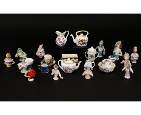 A Collection of Assorted Pin Dolls (12) in total. Together with a collection of miniature ceramic items, including Coalport c