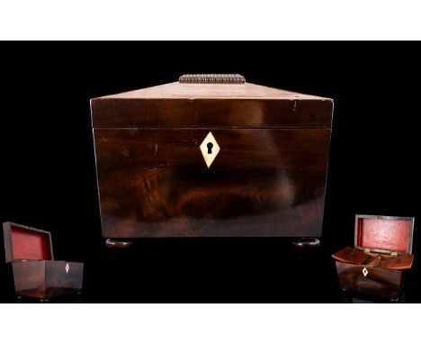 George III Mahogany Sarcophagus Form Tea Caddy Circa 1820 Complete with original fitted interior, ivory escutcheon, raised on