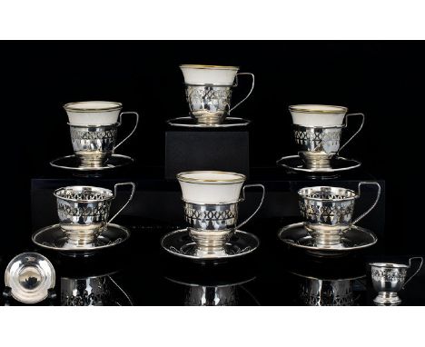 Antique Set of Six Silver Open-worked Coffee Cups and Saucers - Four with Ceramic Liners, All Marked Sterling Silver - Please