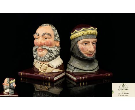 Royal Doulton Shakespearean Hand Painted Ceramic Bookends - Falstaff and Henry V, Modelled by David. B. Briggs. Issued Betwee