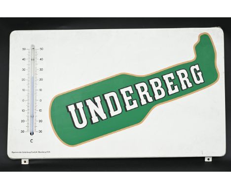 Älteres "UNDERBERG" - Emailleschild mit Thermometer, ca. 38 x 64 cm, Rand stellenweise etwas gedellt, sonst guter, gebrauchte