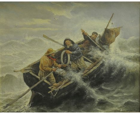"Seenotretter in stürmischer See", Gemälde, Öl auf Leinwand, ca. 56 x 68 cm, unten rechts und auf Messingrahmenschild bez./si