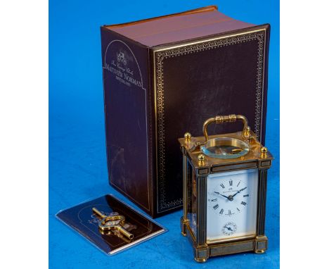 Ältere "MATTHEW NORMAN" Reiseuhr, sog. CARRIAGE CLOCK, rundum verglastes, schweres Messinggehäuse, Schlag auf bodenseitiger G