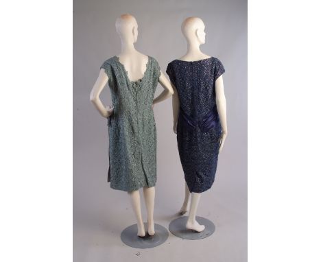 Two 1950's Cocktail Dresses (size 16).  To include a blue/green tape lace shift dress, with pretty low back, back metal zip, 