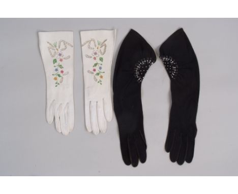 Two Pairs Of Vintage Evening Gloves.  A wonderful pair of soft suede black gloves with a diamante motif at the top.  A furthe