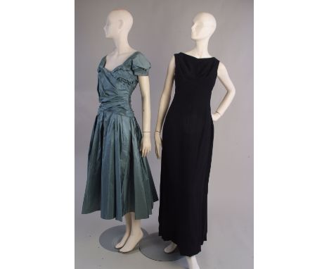 Two Vintage Evening Dresses.  A pretty paper taffetta green dress with rouched bodice and gathered skirts, side zip. Size 10.