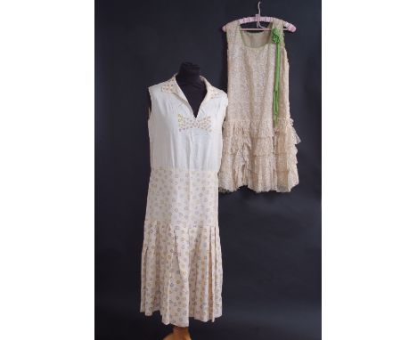 A 1930's Tea Dress. Three Vintage Dresses.  To include a 30's dress made from cream silk, printed with pretty soft coloured g