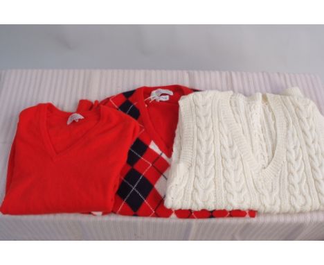 Two Vintage Cashmere Jumpers. To include: 'Harrods by Barrie' 100% pure cashmere jumper and a white hand knitted cricket top 