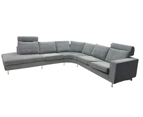 BoConcept 'Indivi 2' corner lounge sofa in grey Matera fabric, three sections with two moveable headrests and brushed steel s