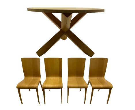 Light oak circular dining table, X framed base, and four chairsDimensions: Height:&nbsp;74cm&nbsp; Length/Width:&nbsp;122cm&n