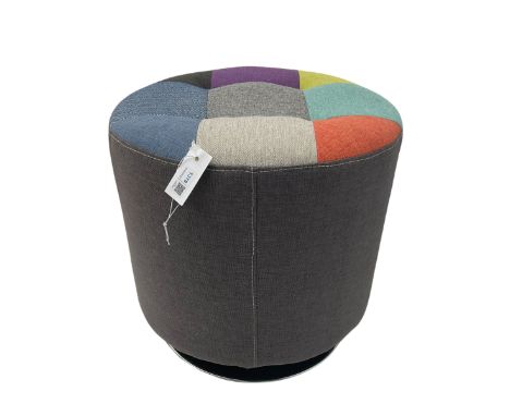 Circular revolving pouffe footstool, upholstered in grey with multi-colour patch seatDimensions: Height:&nbsp;44cm&nbsp; Dept