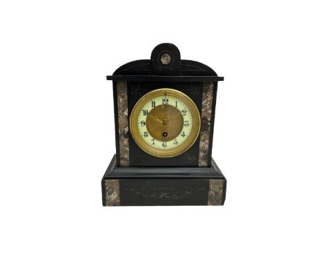 A late 19th century Belgium slate mantle clock decorated with variegated panels of contrasting marble and incised decoration 