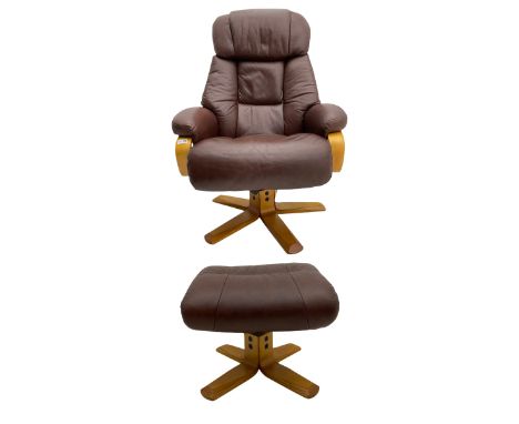 Light wood framed reclining swivel armchair upholstered in real leather.Dimensions: Length/Width:&nbsp;77cm&nbsp;
