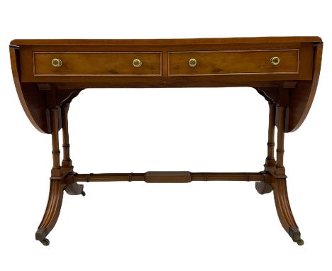 20th century yew wood sofa table/desk, two D shaped drop leaves, inset leather writing surfaceDimensions: Height:&nbsp;73cm&n