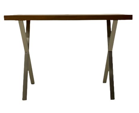 Contemporary console table, walnut finish rectangular top on burnished metal x-frame supportsDimensions: Height:&nbsp;80cm&nb