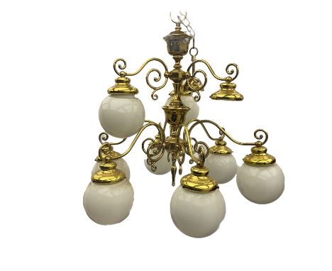 Two tier brass plated nine branch light fitting, with decorative scroll work Dimensions: Height:&nbsp;67cm&nbsp; Depth/Diamet