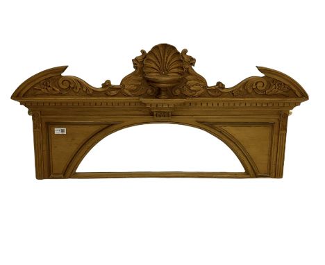 Late 19th century polished pine architectural mirror, arched bevelled plateDimensions: Height:&nbsp;52cm&nbsp; Length/Width:&
