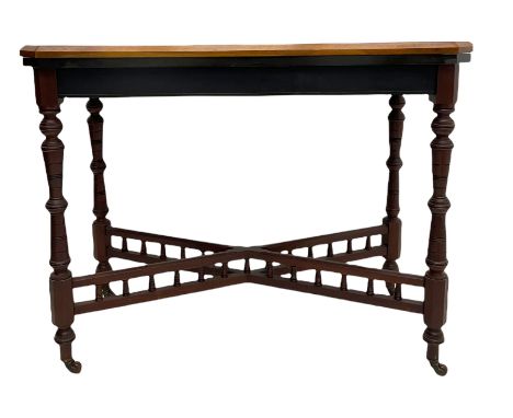 Late Victorian figured walnut and amboyna card-table, rectangular fold over top with baize lining, on turned supports joined 