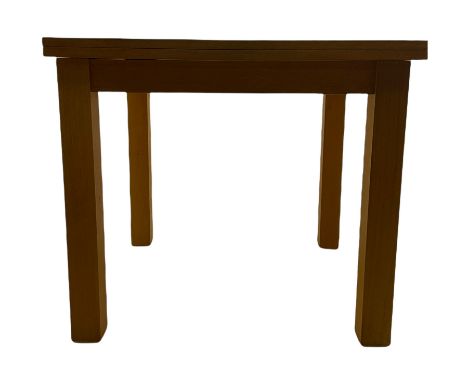 Light oak square extending dining tableDimensions: Height:&nbsp;79cm&nbsp; Length/Width:&nbsp;90cm&nbsp; Depth/Diameter:&nbsp