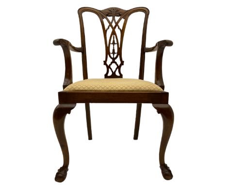 Chippendale style mahogany elbow chair, drop in upholstered seatDimensions: Height:&nbsp;98cm&nbsp; Length/Width:&nbsp;61cm&n