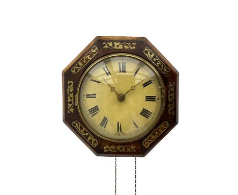 A German 19th century “Postman’s” weight driven wall clock striking the hours on a gong, with a brass inlaid 14” hexagonal wo