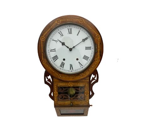 An American late 19th century oak and mahogany drop dial wall clock by Chauncey Jerome & Sons, with inlaid parquetry, fully g