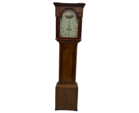 A late eighteenth century c1790 mahogany longcase clock with a flat topped hood and dentil cornice, glazed break arch hood do