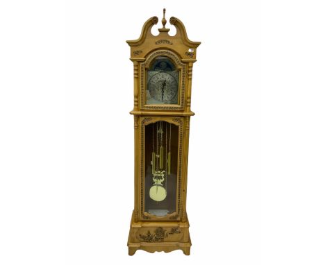 21st century replica longcase clock by “Wood & Son” in a incised light wood case with a swans neck pediment and finial, turne