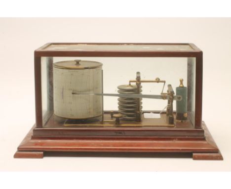 A MAHOGANY CASED BAROGRAPH, early 20th century, with brass cylinder and eight tier vacuum, the case with flared base and brac